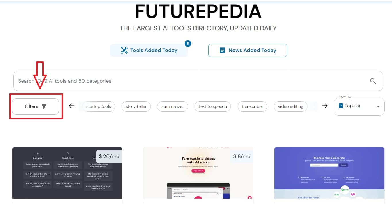 Futurepedia - A website that aggregates AI tools