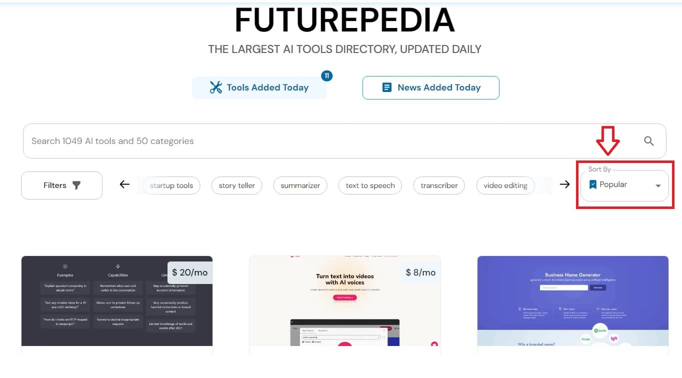 Futurepedia - A website that aggregates AI tools