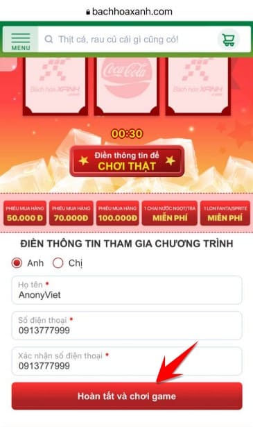 Hướng dẫn nhận 1 chai nước ngọt miễn phí tại Bách Hóa Xanh 3