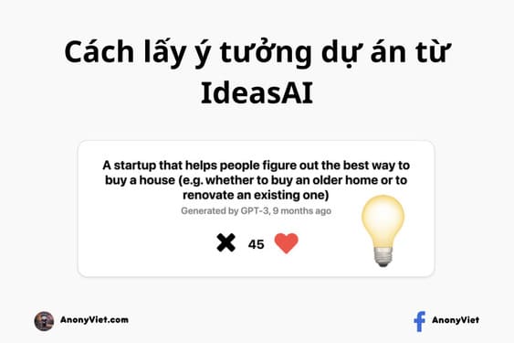 Mình vừa tìm ra một trang web AI khá hay tên là IdeasAI để tìm ý tưởng mới cho dự án của bạn. Nếu bạn muốn làm một dự án mới nhưng lại chưa có ý tưởng thì các bạn có thể tham khảo ý tưởng từ trang web IdeasAI nhé.