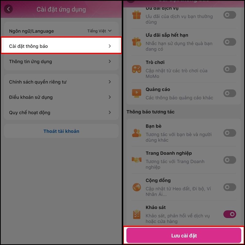 How to turn off advertising notifications on MoMo