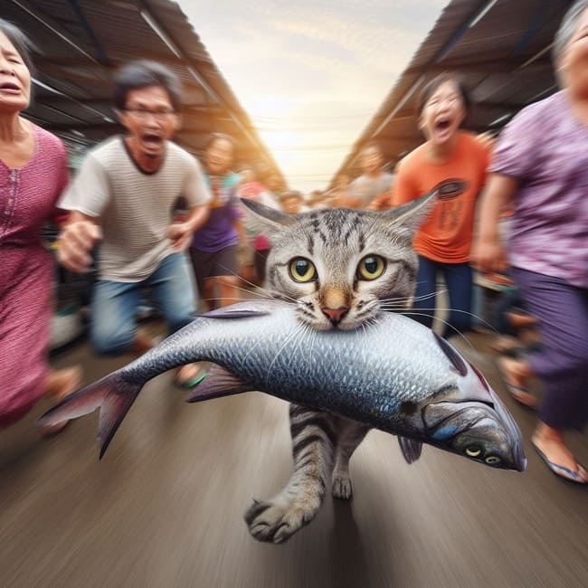 Create a photo of a cat stealing a fish as a hot trend on Facebook 