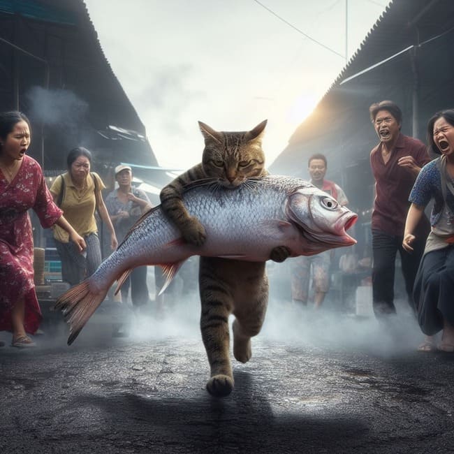 Create a photo of a cat stealing a fish as a hot trend on Facebook 