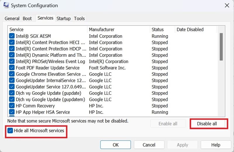 Chọn thiết lập cần tắt hoặc nhấn Disable All