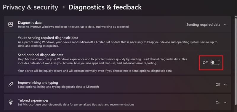 Vô hiệu hóa tùy chọn ‘Send optional diagnostic data’