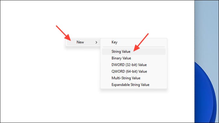 Nhấn chuột phải vào khoảng trống > Chọn New > Chọn String Value