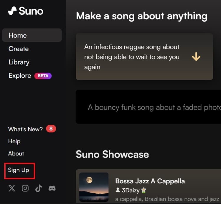 Nhấn ‘Sign Up’ để đăng ký tài khoản Suno