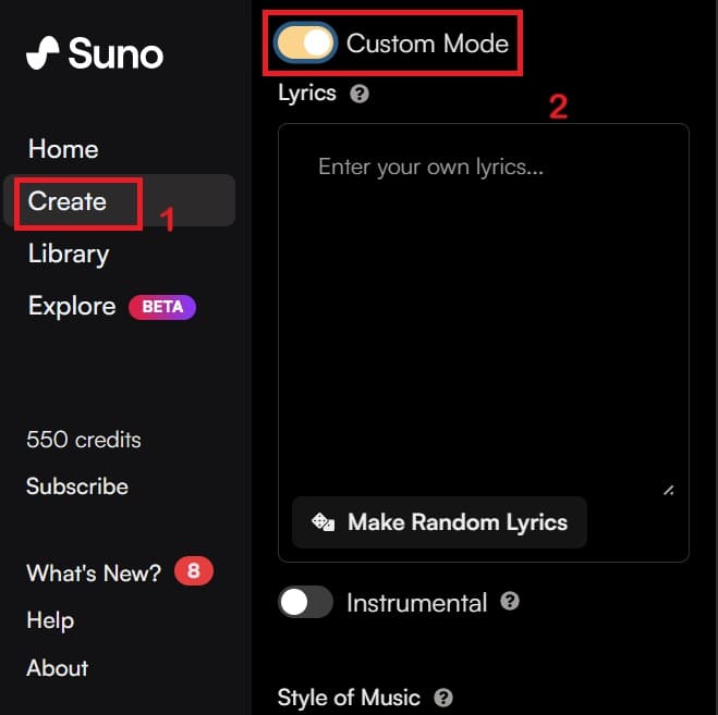 Bấm vào nút Create > Bật ‘Custom Mode’