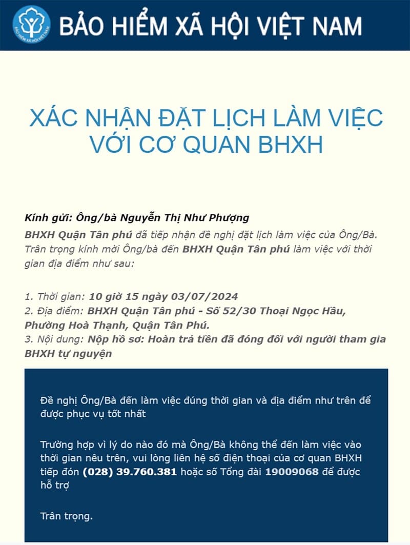 Email xác nhận từ BHXH Việt Nam