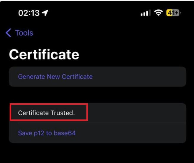 Displaying Certificate Trusted means the installation was successful