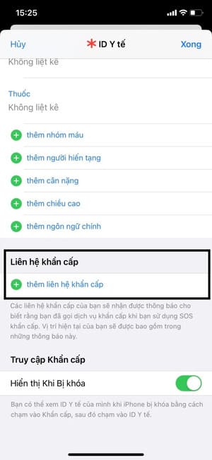 Cài đặt ID y tế và liên hệ cấp cứu