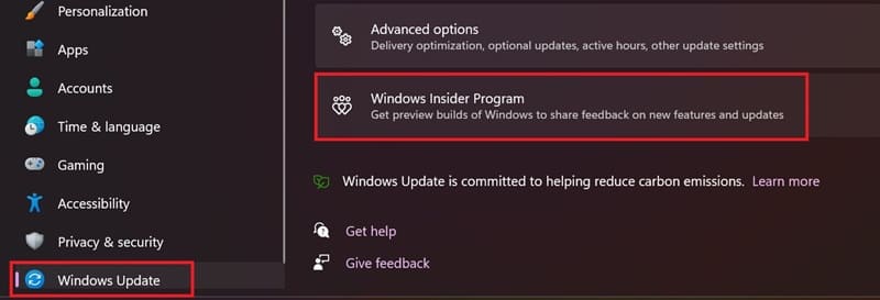 Nhấn vào ‘Windows Insider Program’