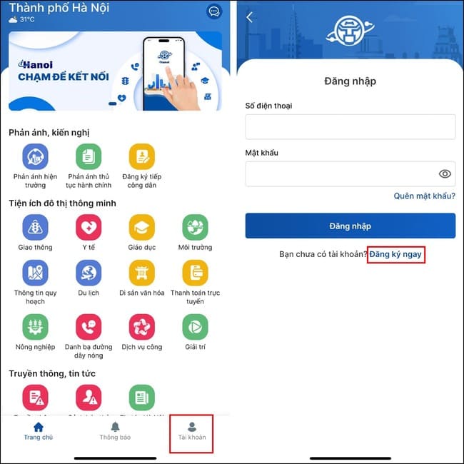 Đăng ký tài khoản ứng dụng iHanoi