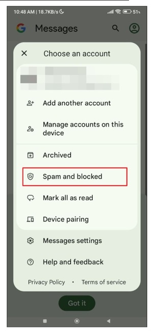 Chọn ‘Spam and blocked’