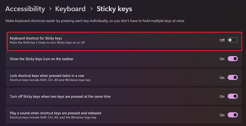 Tắt tùy chọn'Keyboard shortcut for Sticky keys'.