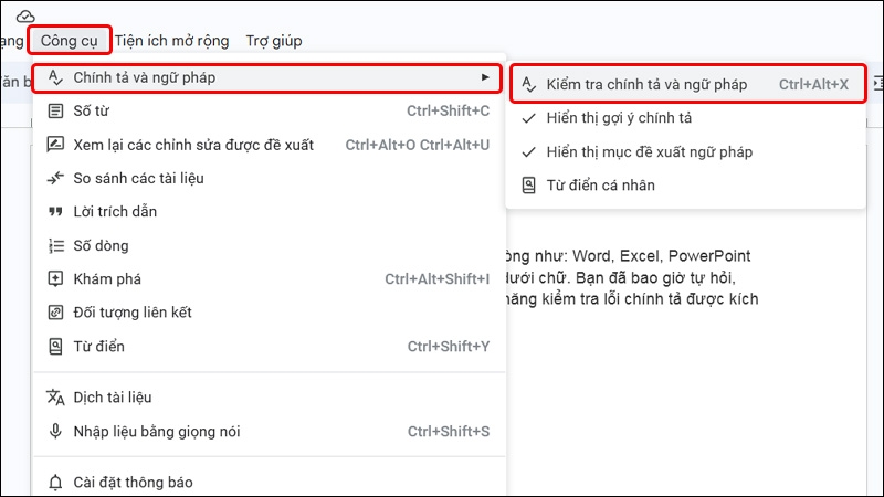 Nhấn Kiểm tra chính tả và ngữ pháp