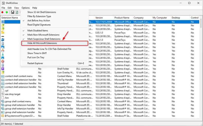 Chọn Hide All Microsoft Extensions