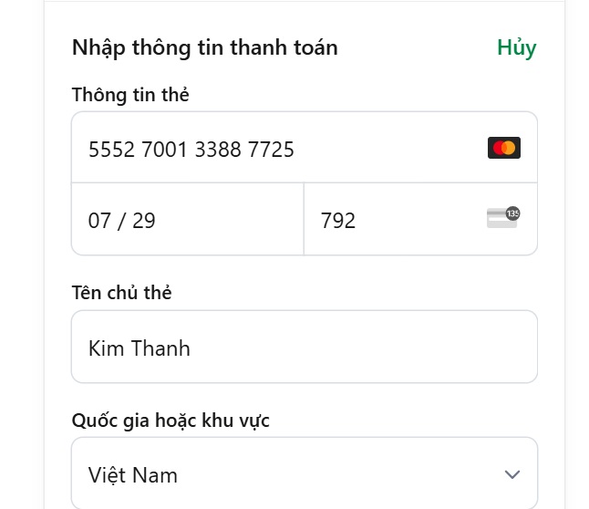 Dán các thông tin thẻ tín dụng vào