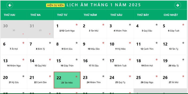 Hiển thị lịch âm từng tháng