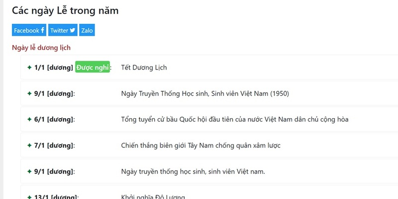 Hiển thị các ngày lễ trong năm