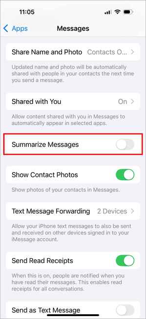 Tắt tóm tắt tin nhắn trong Messages