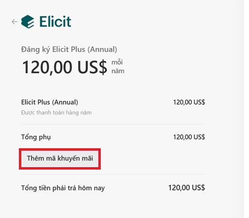 Nhấp vào nút “Thêm mã khuyến mãi”