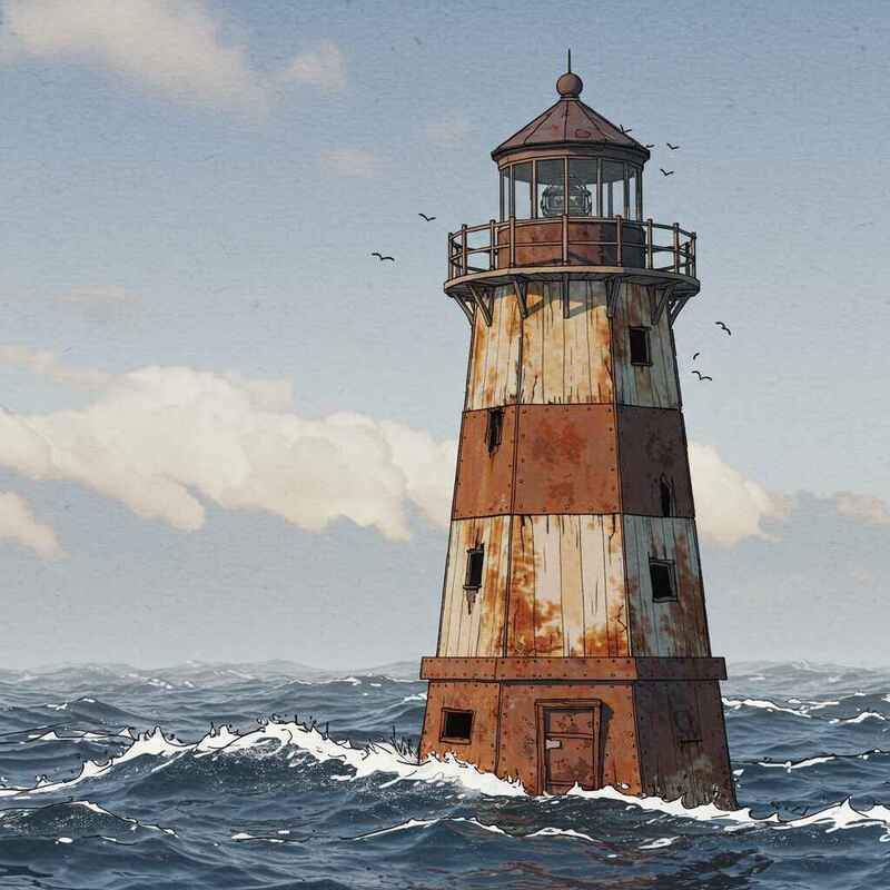 A 3D Render of a Solitary Lighthouse in Wood and Rusty Metal; Watercolor and Ink Style.