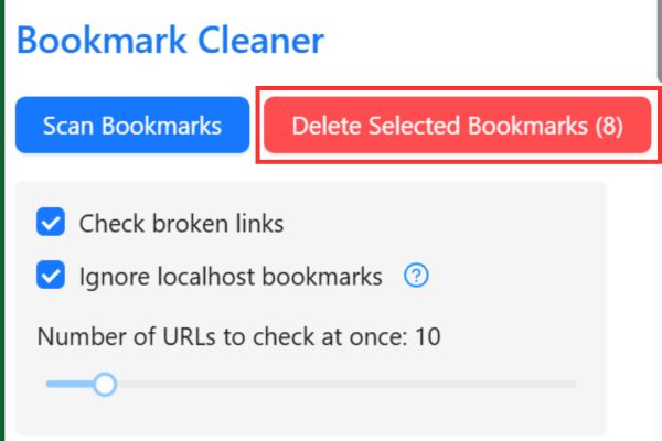 Nhấn nút Delete Selected Bookmarks để xóa