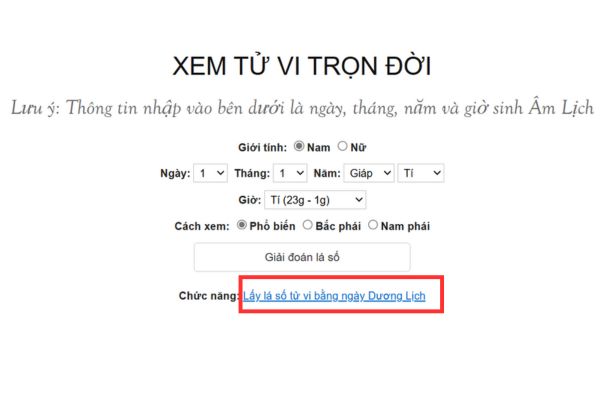 Chọn mục “Lấy lá số tử vi bằng ngày Dương lịch”