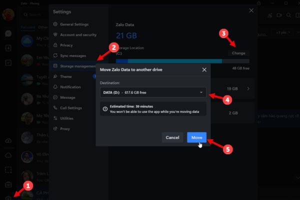 Zalo PC cho phép di chuyển thư mục lưu trữ