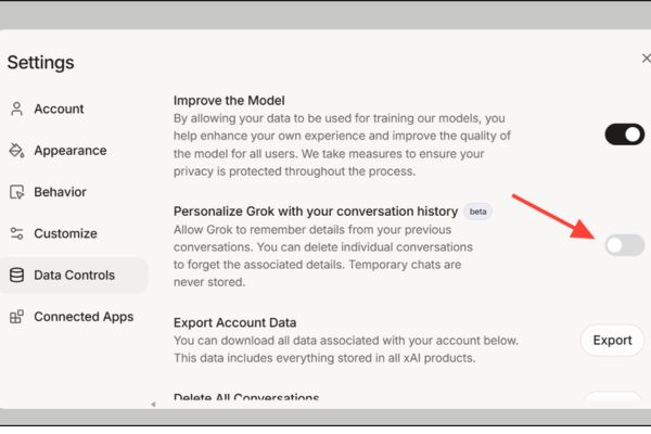 Tắt mục Personalize Grok with your conversation history