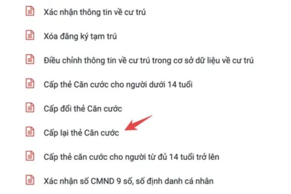 Nhấn vào tùy chọn Cấp lại thẻ căn cước