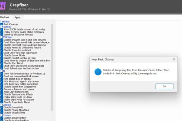 Crapfixer: Giải pháp tối ưu hóa Windows 11 vừa đơn giản mà hiệu quả 15 Một cửa sổ nhỏ sẽ hiện ra, giải thích chi tiết chức năng