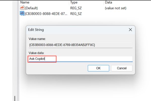 4 cách gỡ Ask Copilot khỏi menu chuột phải trên Windows 11 19 Nhập tên Value Data là: Ask Copilot