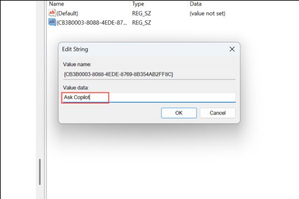 4 cách gỡ Ask Copilot khỏi menu chuột phải trên Windows 11 21 Đặt Value Data là: Ask Copilot