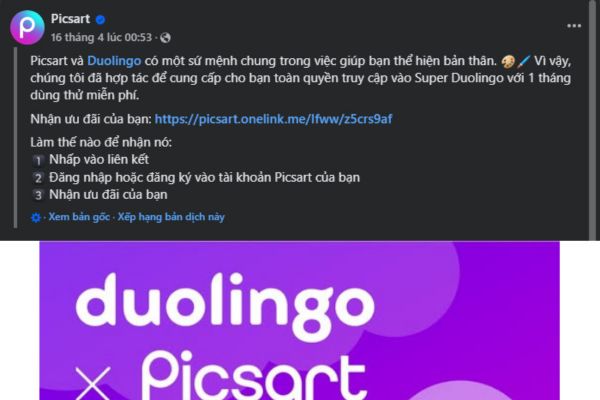 Nhận Picsart Pro và Super Duolingo miễn phí 1 tháng 5 Super Duolingo: Học ngoại ngữ dễ dàng và thú vị