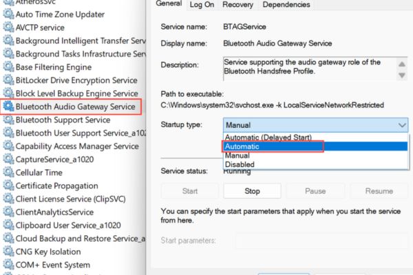Làm tương tự với Bluetooth Audio Gateway Service và Bluetooth User Support Service