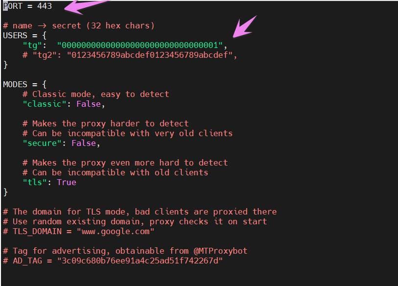 thay doi port secret key mtproto