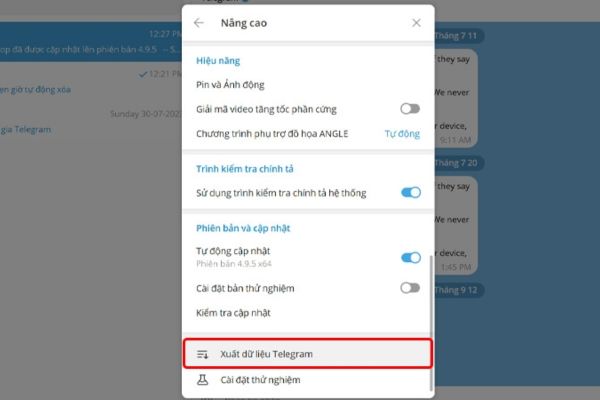 Chọn Xuất dữ liệu Telegram