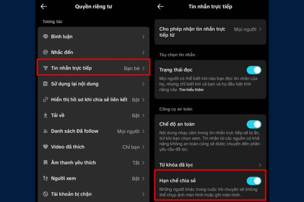 Cách biết người khác chụp màn hình tin nhắn TikTok 13 Bật Hạn chế chia sẻ
