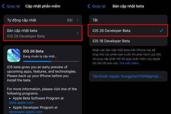 Chọn iOS 26 Developer Beta