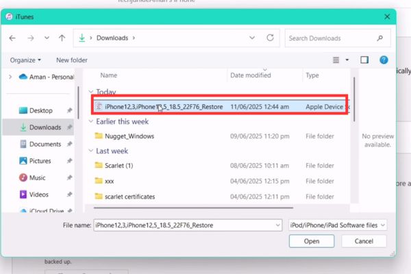 Cách hạ cấp từ iOS 26 beta xuống iOS 18.5 không mất dữ liệu 33 Chọn tệp IPSW của iOS 18.5