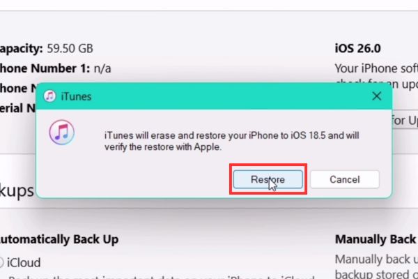 Cách hạ cấp từ iOS 26 beta xuống iOS 18.5 không mất dữ liệu 34 Nhấn Khôi phục (Restore)