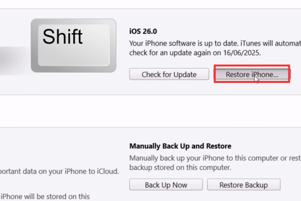 Cách hạ cấp từ iOS 26 beta xuống iOS 18.5 không mất dữ liệu 32 Giữ Shift và chọn Restore iPhone