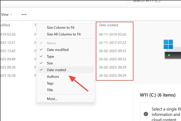 Một danh sách các cột với dấu tích bên cạnh