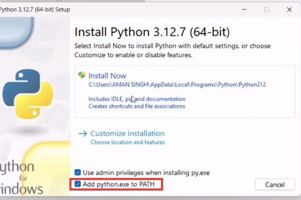Tích vào ô "Add Python.exe to PATH"
