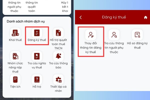 Hướng dẫn cập nhật số CCCD thành mã số thuế trên eTax Mobile 13 Chọn Thay đổi thông tin đăng ký thuế