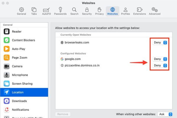 Find the website you want to block in the list