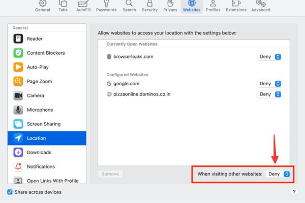 Block pop-up requires location on Safari for all websites