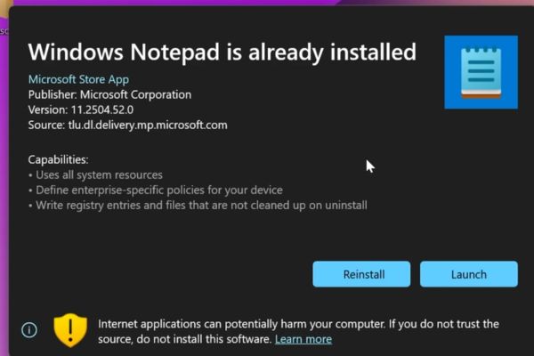 Select Update to update Notepad